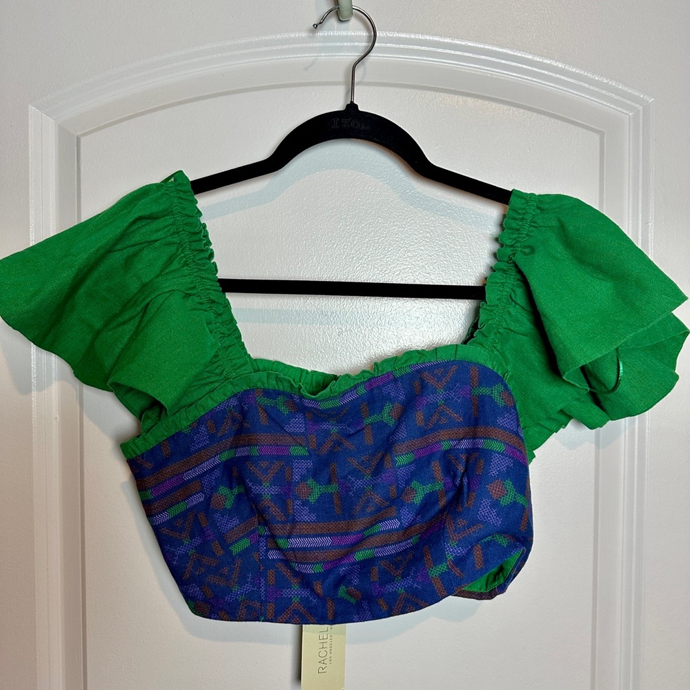 NWT Rachel Zoe Green and Blue Ruffled Cap Sleeve Crop Top SET